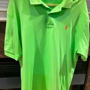 Lime green polo shirt orange pony